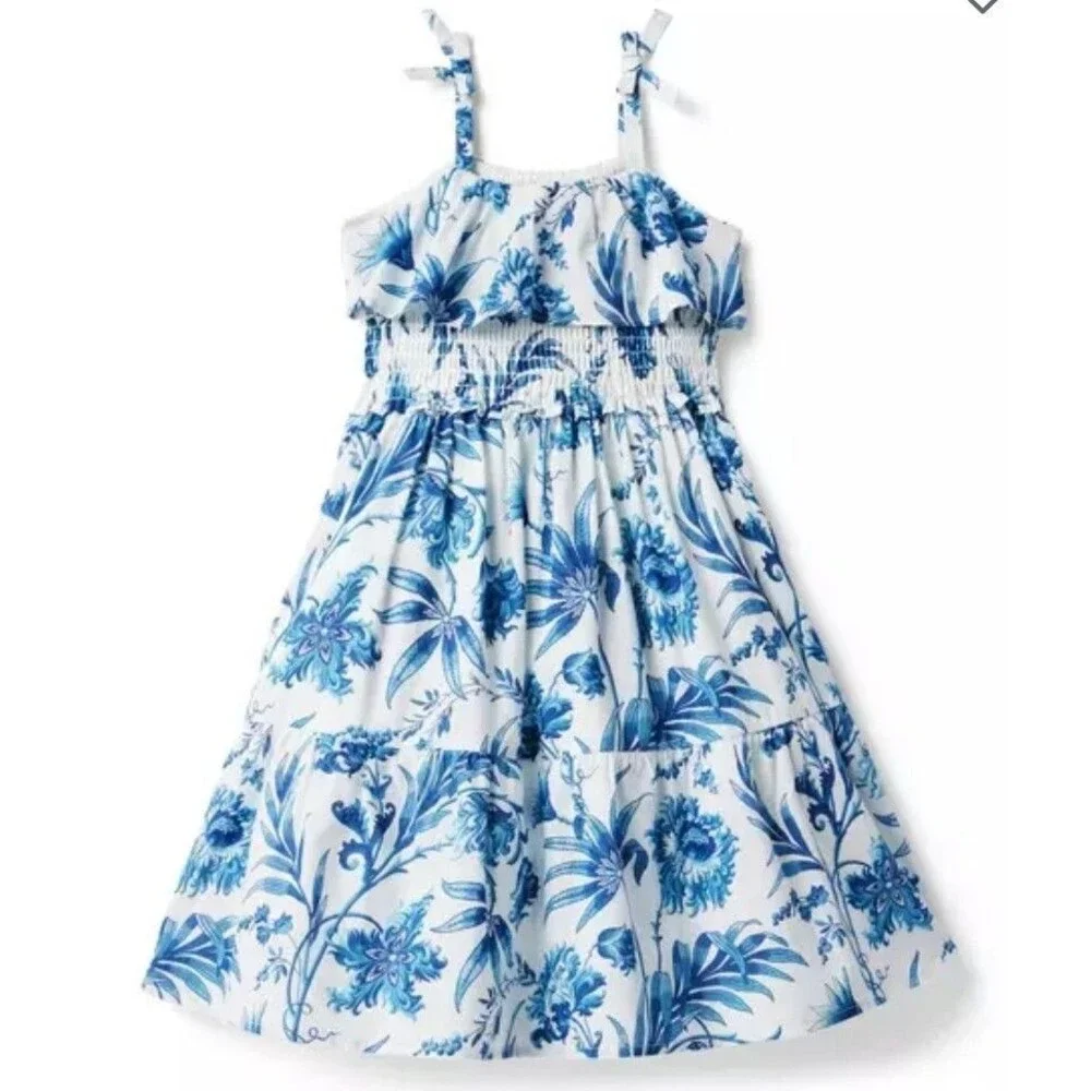 Janie and Jack Girls Dress Size 7 Blue Floral Midi Sundress Smocked Waist Cotton - Picture 1 of 11